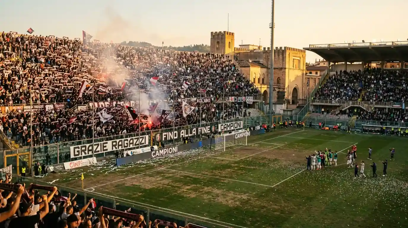 Panoramica dello stadio italiano con tifosi alla fine della stagione
