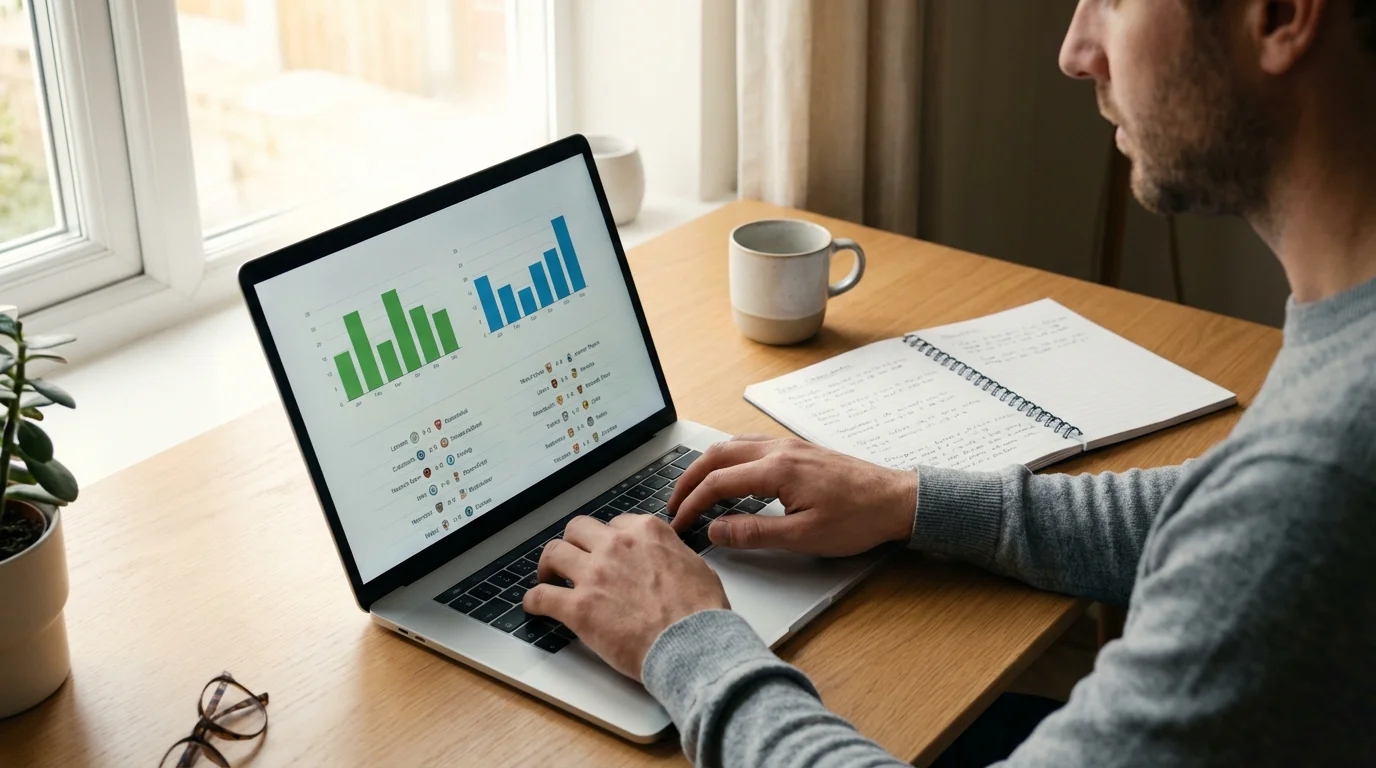 Persona che analizza statistiche di calcio su un laptop