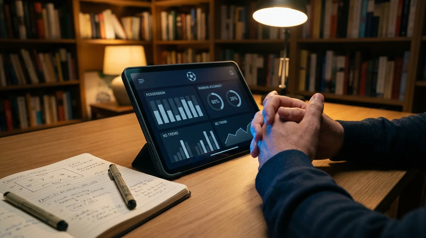 Persona che analizza statistiche di calcio su un tablet con grafici e dati