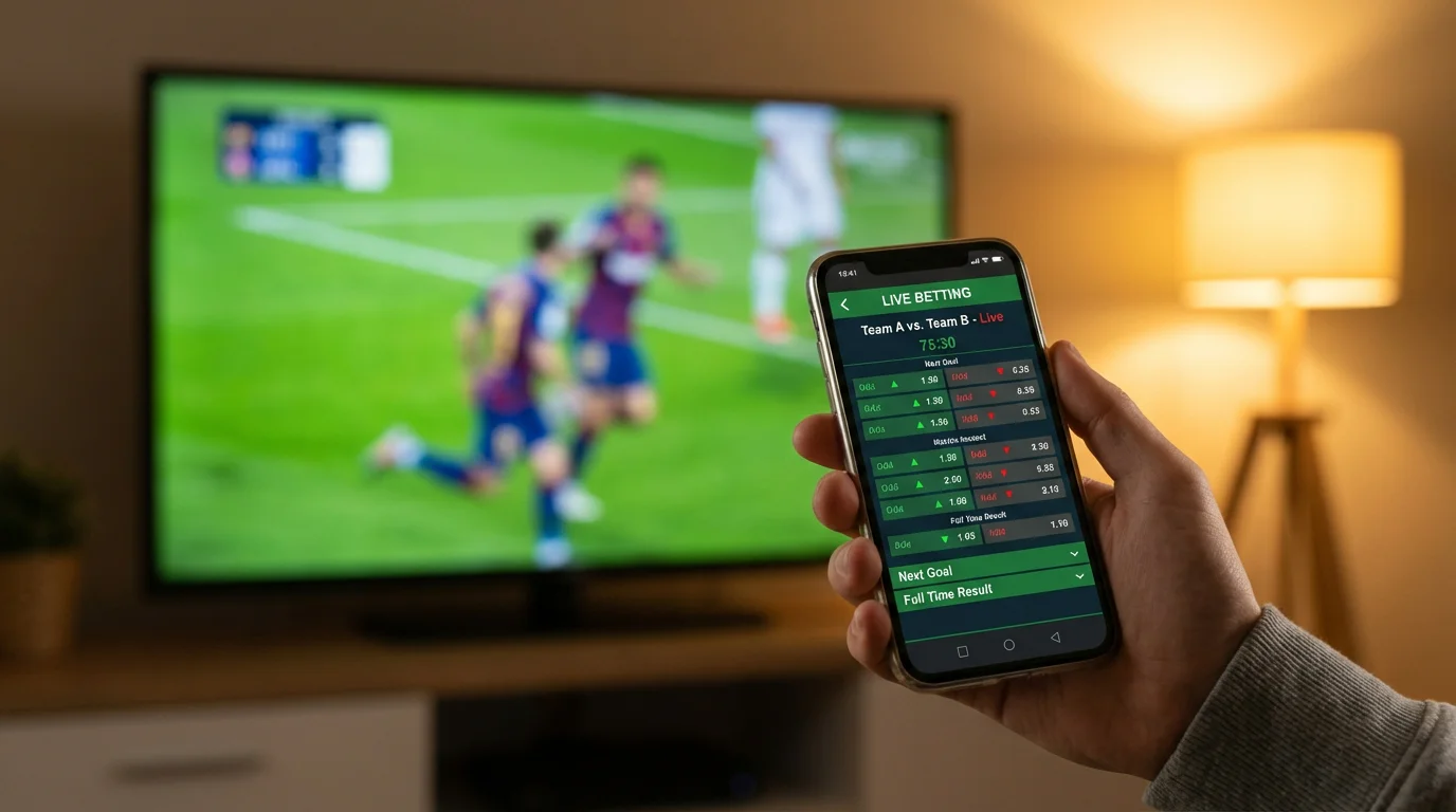 Smartphone che mostra scommesse live durante una partita di calcio in televisione