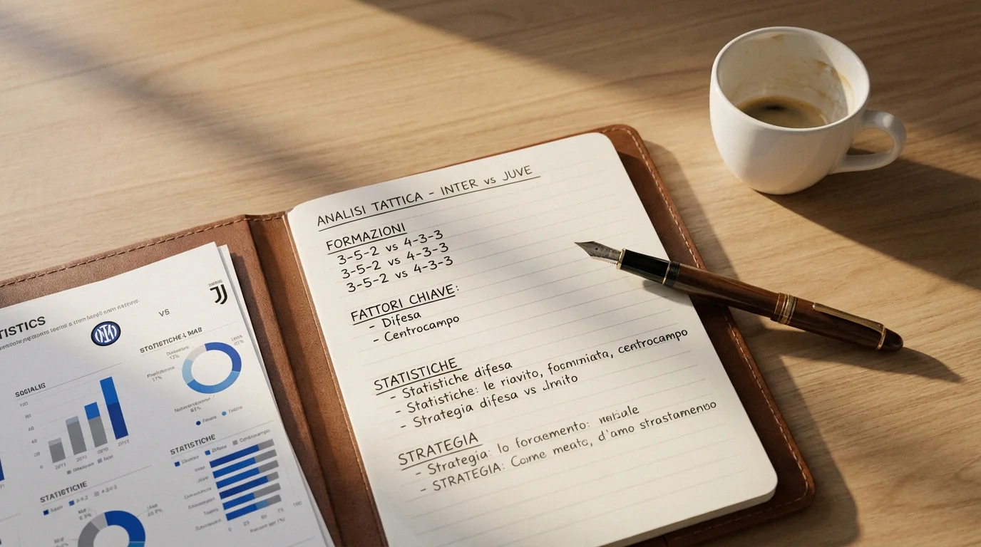 Scrivania con appunti di analisi calcistica, penna e tazza di caffè