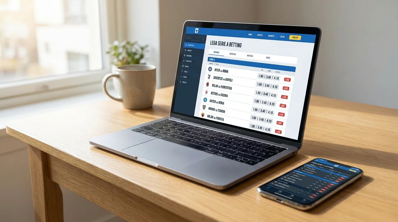 Schermo di un laptop che mostra una piattaforma di scommesse sportive con partite di calcio